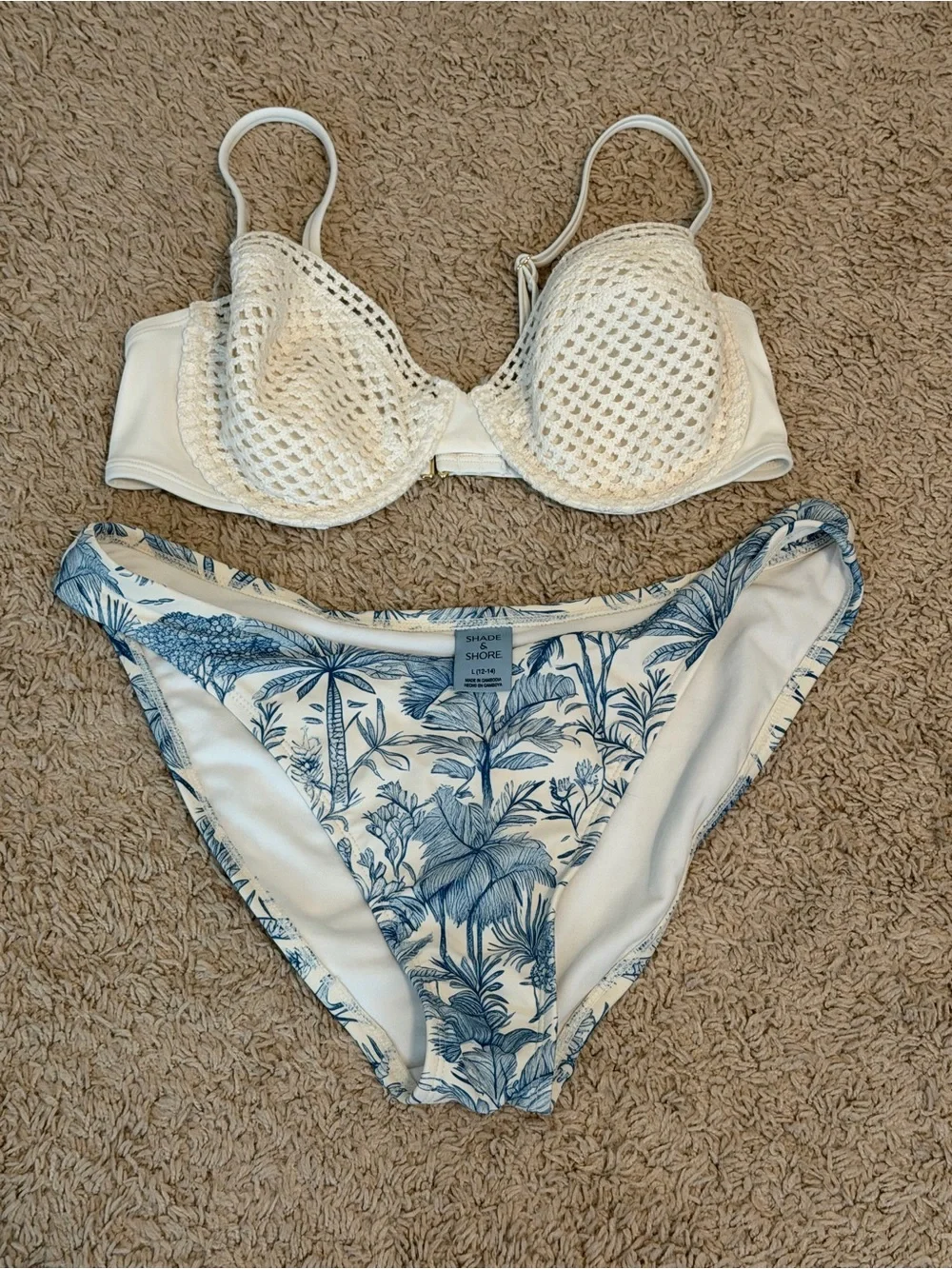 White Crochet Bikini Top with Blue Floral Bikini Bottom - Women's Swim Set